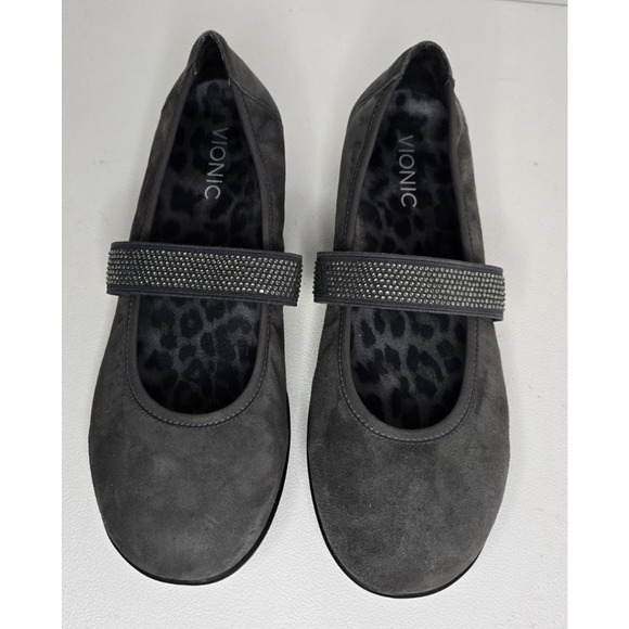Vionic By Orthaheel Days Fern Mary Jane Flat Women's 9 Grey Suede Embellished - Picture 2 of 9
